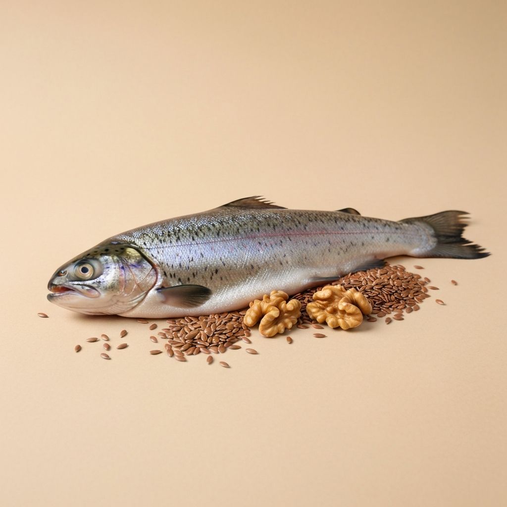 Omega-3 rich foods including fish and walnuts